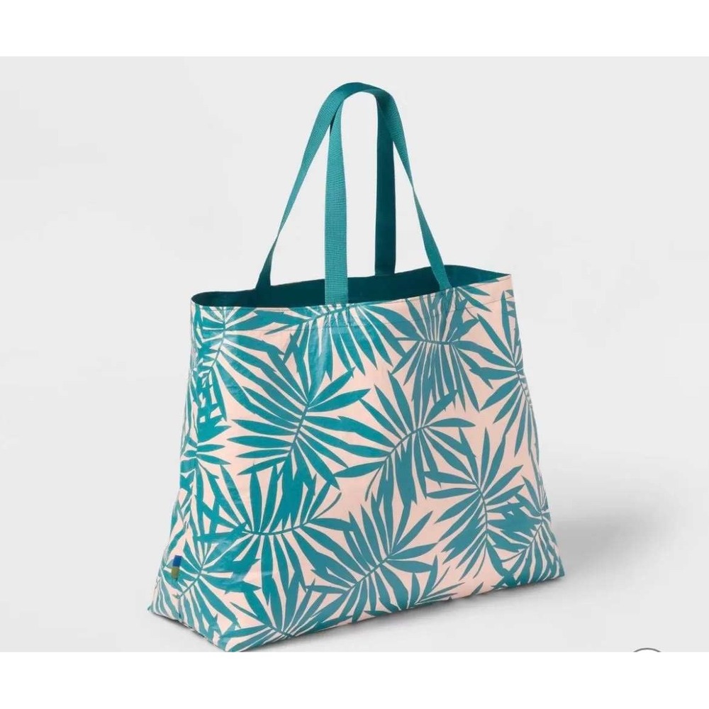 Open Story Reversible Packable Tote Teal Palm Print Large Travel NWT